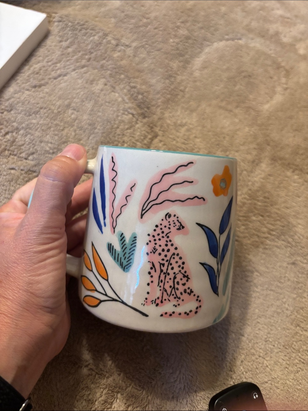 Hand-Painted Ceramic Mug with Pink Leopard & Floral Motif